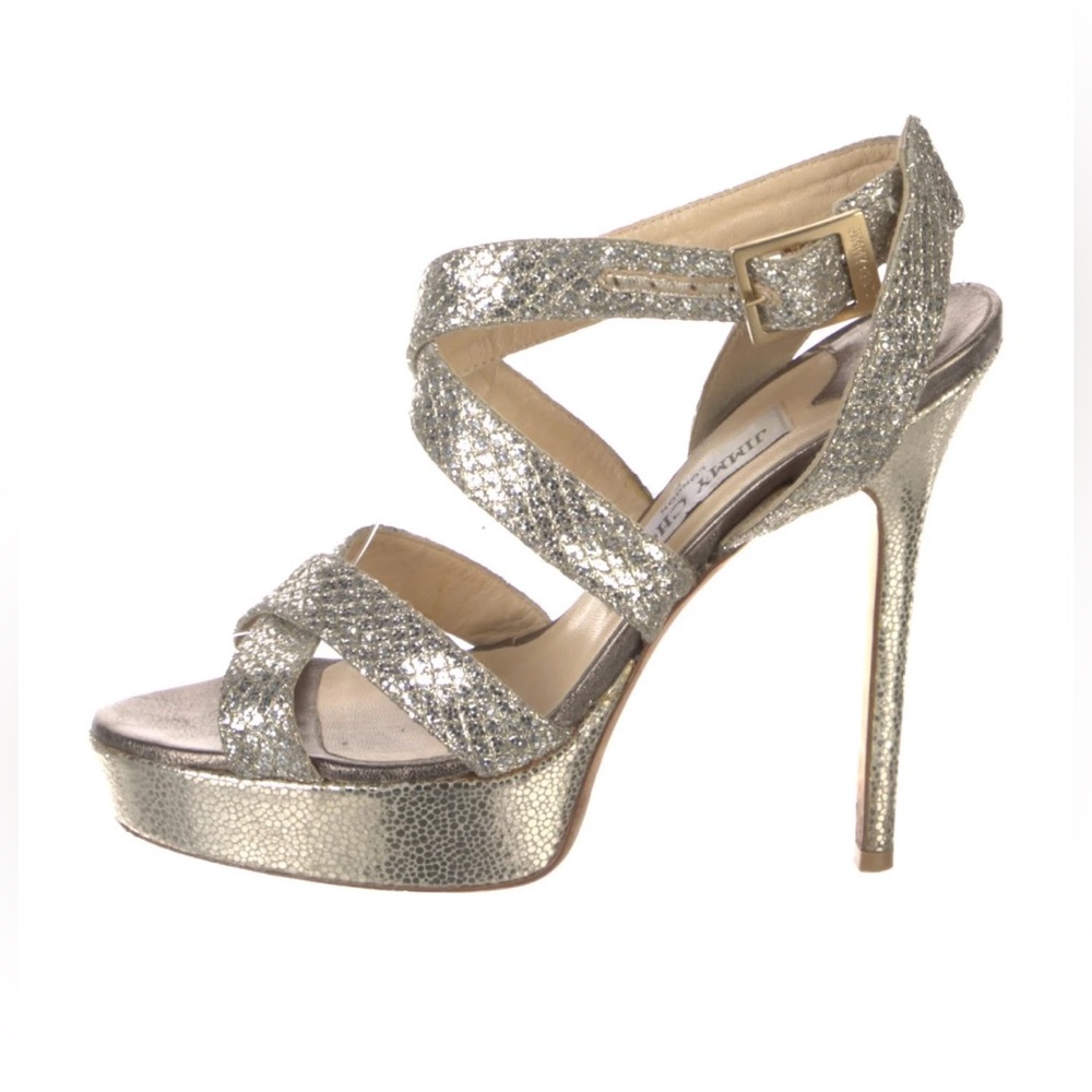 Jimmy Choo VAMP Metalic Gold Glitter Multistrap Strappy Platform Sandals S 37.5